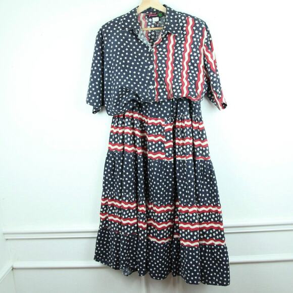 Vintage Dresses & Skirts - Vintage Women's Large Top Patriotic Western Tiered Midi Skirt Boho 90s Cowgirl